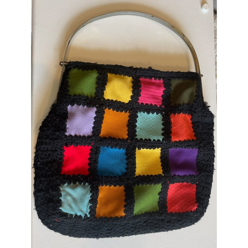 Vintage Handmade Patchwork Crochet Handbag Multicolor Boho Metal Frame Bag